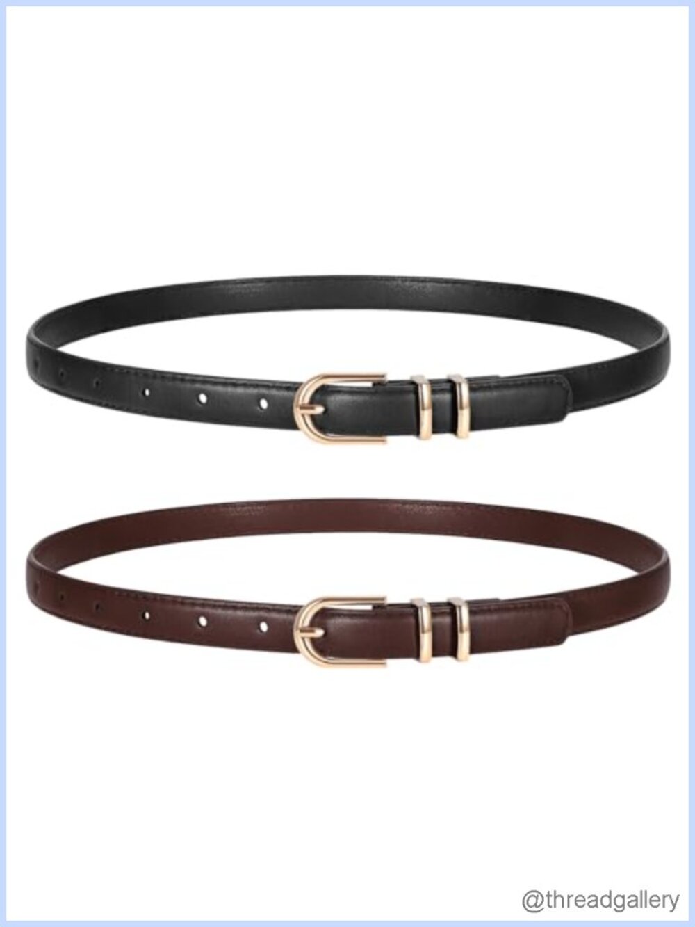 Women Skinny Faux Leather Belts 2 Pack Thin Gold Buckle Pants Jeans